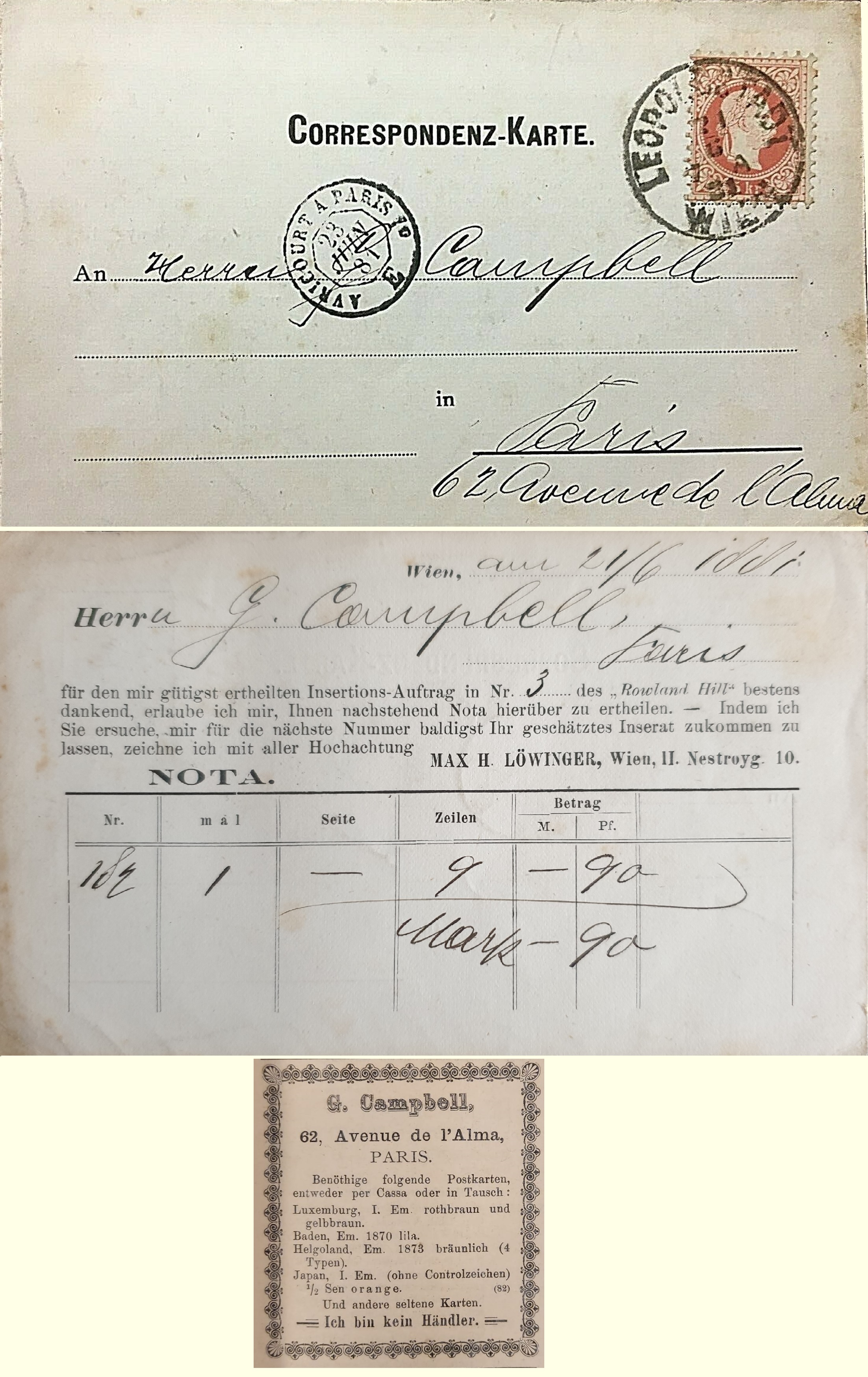 Austrian Correspondence Card sent to Paris in June 1881, concerning an advertisement in a philatelic magazine.