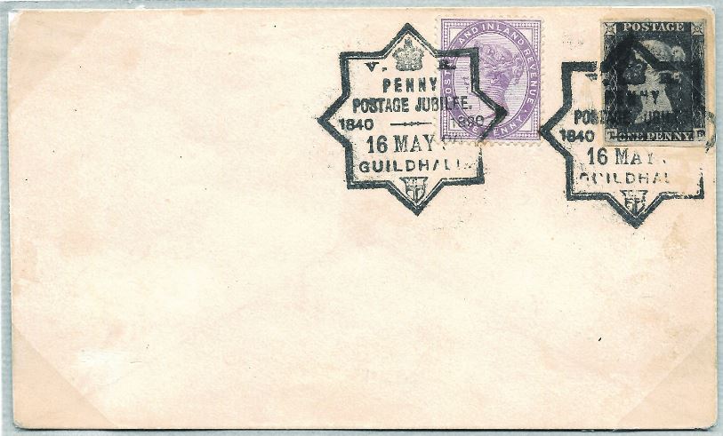A cover with a Penny Black and a Penny Lilac cancelled by the Guildhall star-shaped rubber handstamp.