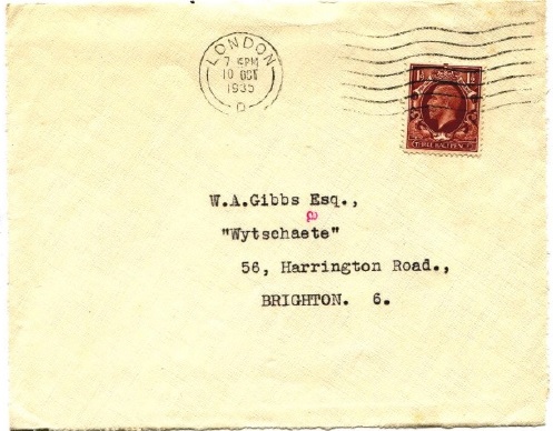 Cover front from 10 October 1935 bearing operator identifier a addressed to Brighton district 6. This was sorted by the GPO in Brighton using a 'Transorma' machine.