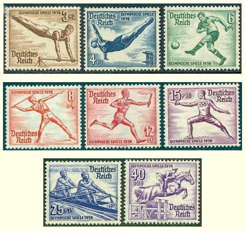 The set of 8 stamps issued on 9 May 1936 to publicize the Summer Olympic Games.