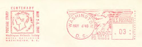 Example of the meter stamp produced by the Mailomat machine at the Postage Stamp Centenary exhibition in Washington, DC.