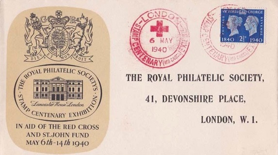 A souvenir cover from the Stamp Centenary (Red Cross) Exhibition held at the London Museum's Lancaster House, London from 6 to 14 May 1940.