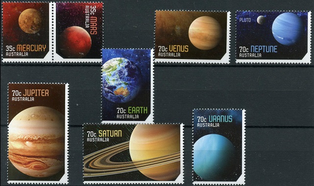 Australian stamps featuring the planets of the Solar System.