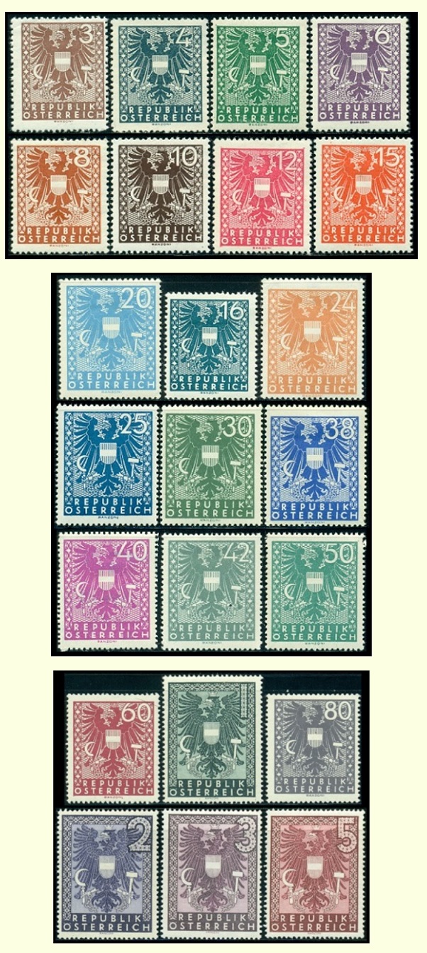 Austrian stamps issued in the Soviet zone between July and November 1945.