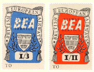 The 2 higher denomination labels from the fifth issue for the B.E.A. Airway Letter Service.