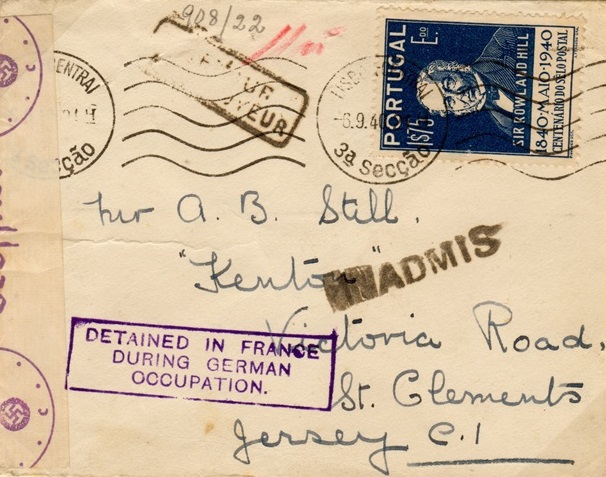 September 1940 Letter via Lisbon to Jersey Detained in France during German Occupation.