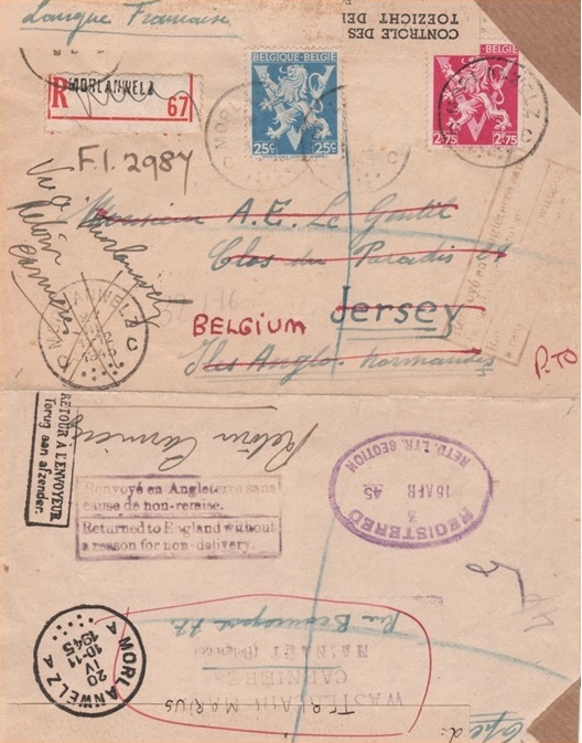 March 1945 Registered letter from Belgium to Jersey. Returned without a reason for non-delivery.