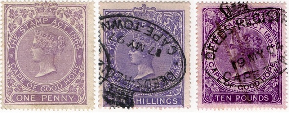 Cape of Good Hope 1d, 10s and £10 Revenue stamps.