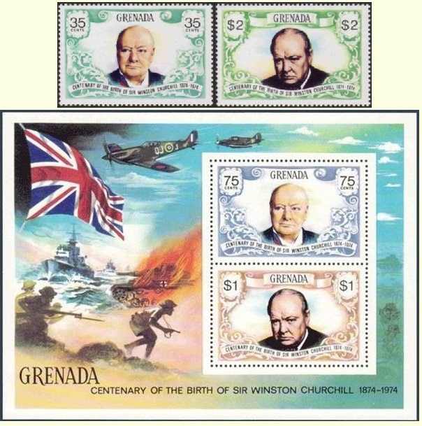 Grenada stamps and souvenir sheet for the 1974 Churchill Centenary.