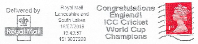 Slogan postmark for England being ICC Cricket World Cup Champions.