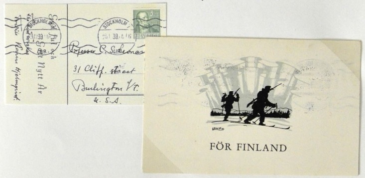 Swedish Christmas and New Year's greetings card honouring the Finnish resistance posted to the USA in December 1939.