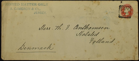 Printed matter rate envelope sent on 10th April 1894 from A. Cameron & Co in Jersey to Denmark.