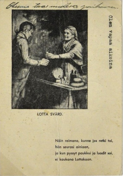 Card showing a Lotta Svärd volunteer providing refreshment to a Swedish soldier.