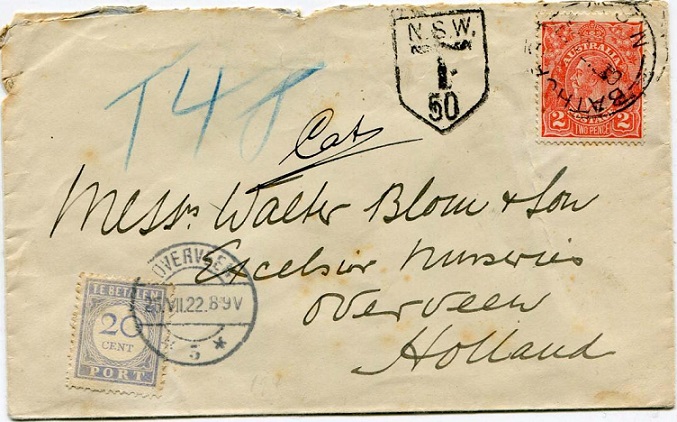 1922 New South Wales T 50 shield on an underpaid envelope to Holland.