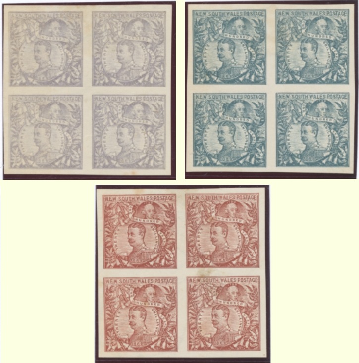 Colour trials for the 20 shilling value of the New South Wales Centennial Issue.