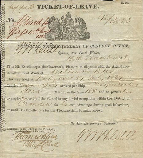 A New South Wales Ticket-of-Leave granted to William Petts, who had been found guilty of housebreaking and was sentenced to 7 years transportation, arrived in New South Wales in August 1838 and granted a Ticket-of-Leave in December 1842.