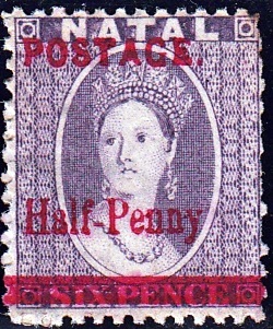 Natal 6d stamp overprinted as a Half Penny postage stamp, 1895.