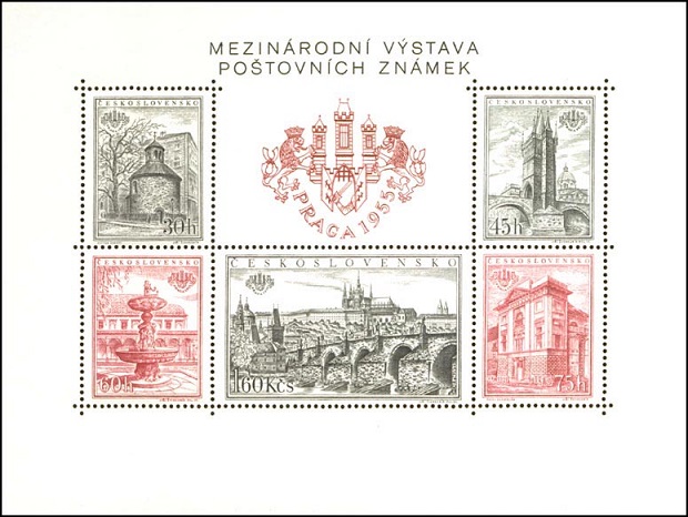 Miniature sheet of stamps issued for PRAGA 1955.