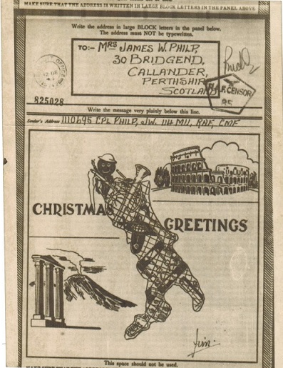 An Airgraph sending Christmas Greetings from Italy to Scotland, postmarked on 12 December 1944.