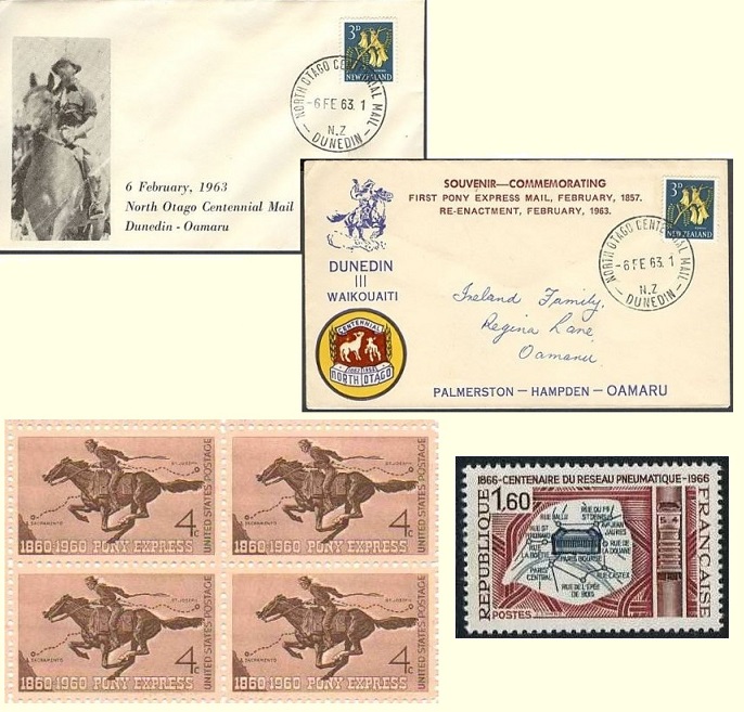 New Zealand centennial covers for the Pony Express from 1963, a block of the 4c stamp issued by the United States in 1960 to mark the centenary of their Pony Express, and a 1968 French stamp celebrating the Centenary of the Paris Pneumatic Post.