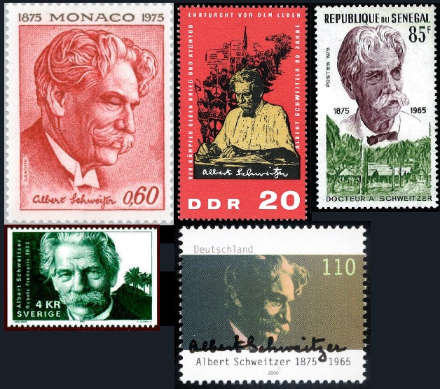 A selection of stamps commemorating Albert Schweitzer.