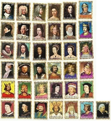 Series of 37 stamps issued in Barbuda 1970-71 showing English Kings and Queens.