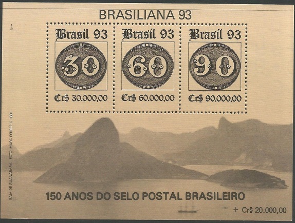 Miniature sheet marking the 150th Anniversary of Brazil's first stamps - the 1843 'Bullseyes'.
