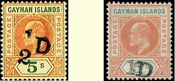 Cayman Islands ½d on 5/- and 1d on 5/- surcharges.