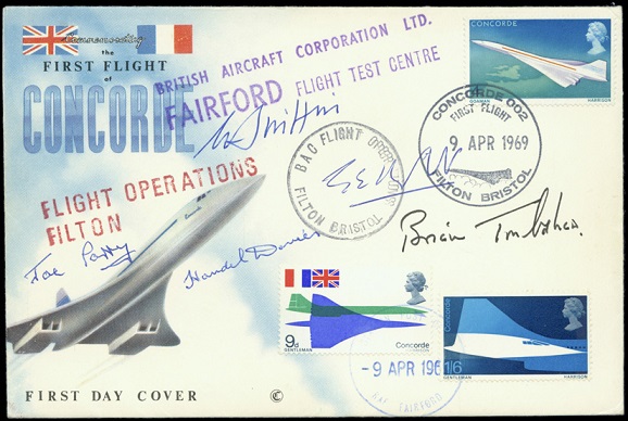 Signed cover marking the flight of the first UK-built Concorde from Filton to RAF Fairford on 9th April 1969, piloted by Brian Trubshaw.