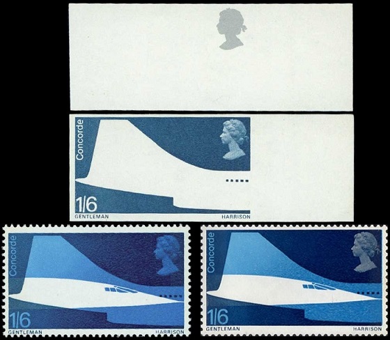 1969 British Concorde 1s 6d imperforate plate proof right margin singles of the silver-grey (Queen's head only) cylinder, and the deep blue cylinder, on gummed unwatermarked paper, together with variety silver-grey omitted, and the normal issued stamp.
