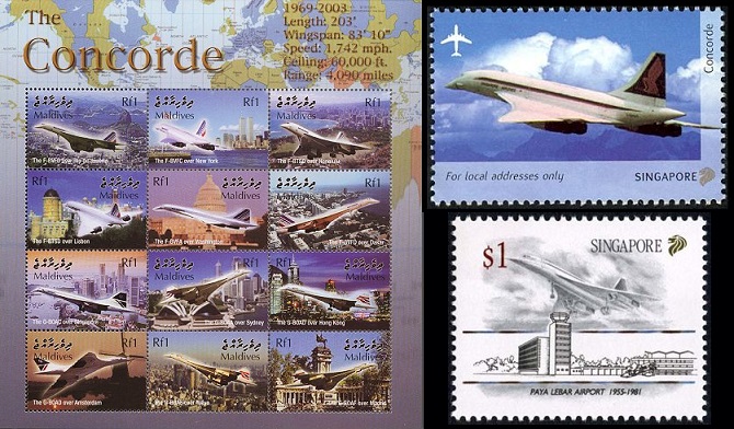 A miniature sheet of stamps from the Maldives and two stamps from Singapore featuring Concorde.
