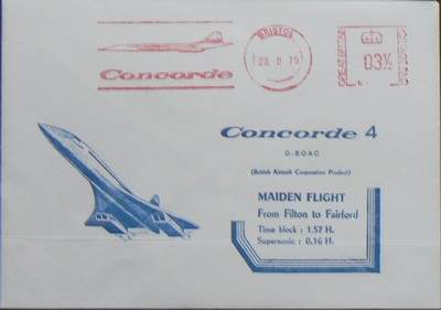 Cover with appropriate Bristol meter mark, commemorating the maiden flight of Concorde 4 from Filton to Fairford in 1975.