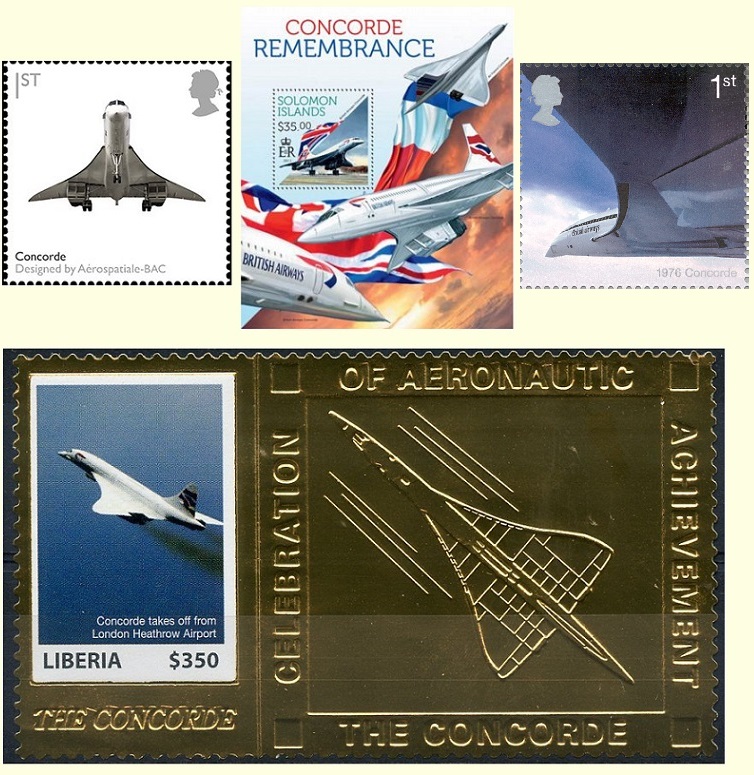 British 1st class stamp featuring Concorde from the Design Classics issue of 13th January 2009, Solomon Islands' 2013 $35 souvenir sheet 'Concorde Remembrance' showing Air France and British Airways' Concorde aircraft, British May 2002 1st Class stamp showing Concorde in 1976, and Liberia's 2007 $350 gold foil stamp featuring Concorde taking off from London Heathrow Airport, in celebration of aeronautic achievement.