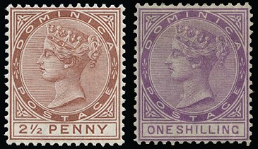 Dominica 2½d and 1 shilling stamps issued in 1877.
