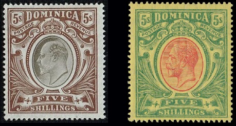 Dominica 5 shillings stamps issued during the reigns of King Edward VII and King George V.