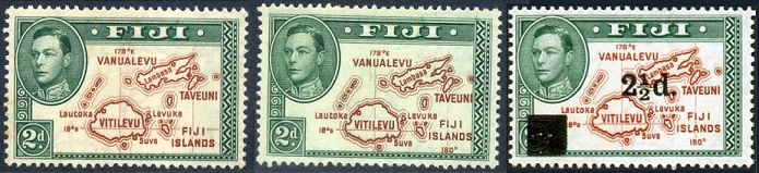 Fiji 2d map stamp Die 1 without 180°, Die 2 with 180°, and overprinted 2½d