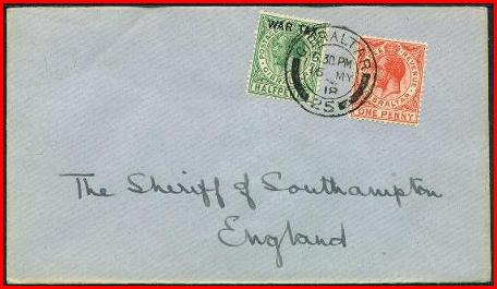 Cover bearing ½d Green with War Tax Overprint issue of 1918 addressed to Southampton, England; date stamp 16 May 1918.