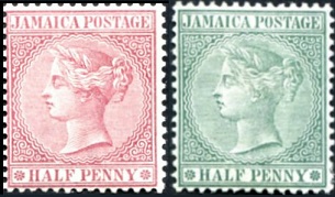 ½d claret and ½d green stamps.