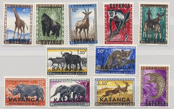 Belgian Congo animal stamps overprinted KATANGA.