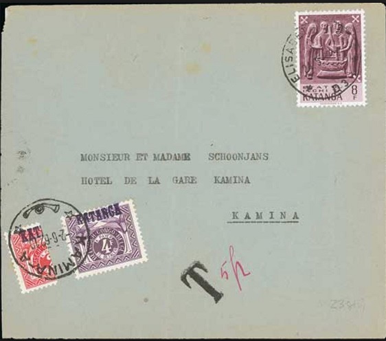 Katanga envelope to Kamina with postage due labels.