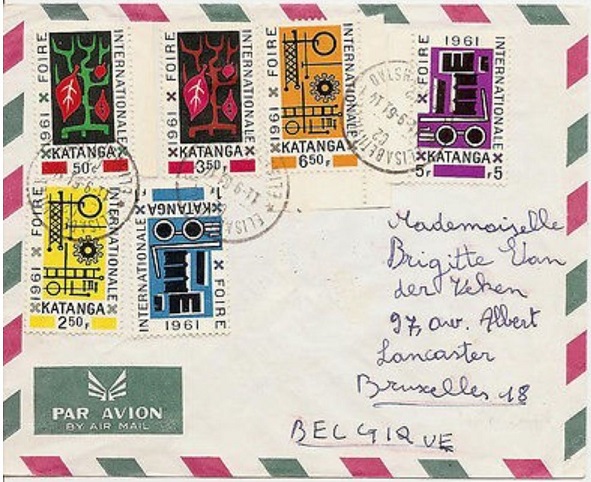 Airmail envelope with the Katanga 1961 International Trade Fair stamps.