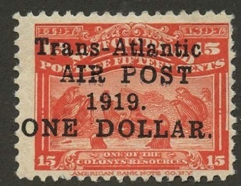 Newfoundland stamp overprinted Trans-Atlantic AIR POST 1919 ONE DOLLAR.