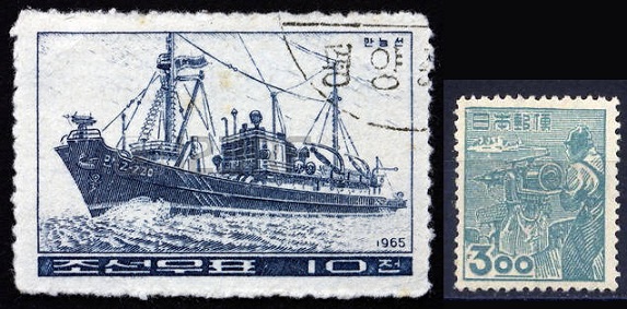 North Korean stamp showing a whaling ship, and a Japanese stamp depicting a harpoon gun.