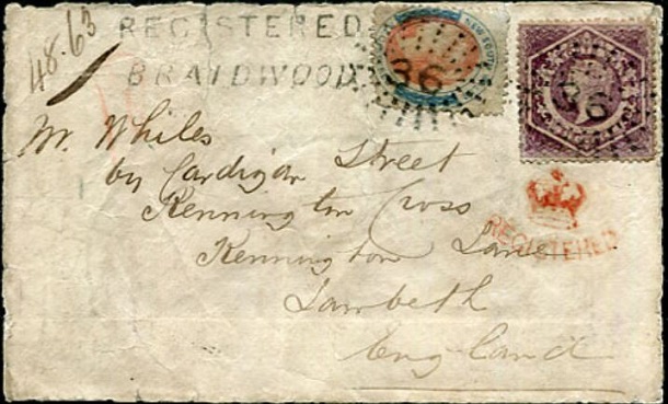 New South Wales Registered Letter stamp and a 6d 'Diadem' stamp on an envelope posted in 1863.