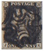 A Plate 1B Penny Black, with a black Maltese cross cancellation.