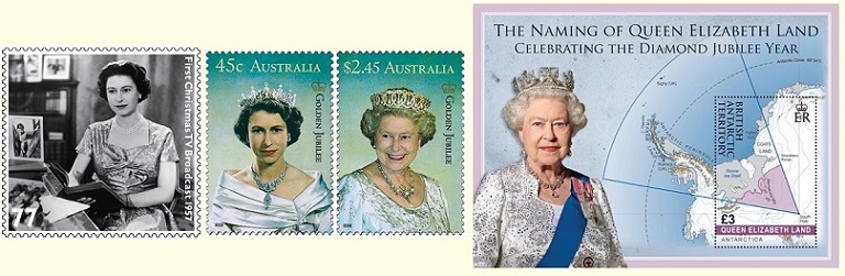 British and Australian stamps and a miniature sheet from the British Antarctic Territory showing the Queen.