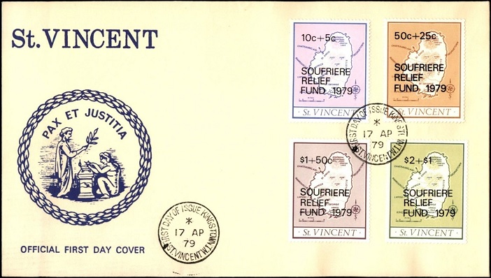 First Day Cover of the St Vincent Soufriere Relief Fund surcharged stamps.