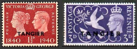 Tangier overprints on the 1940 Centenary 1½d and 1946 Victory 3d stamps.
