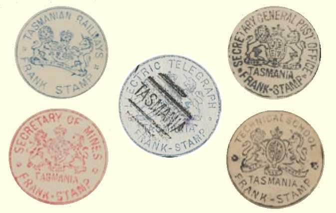 Tasmania Frank Stamps for the Tasmanian Railways, Secretary General Post Office, Electric Telegraph, 
Secretary of Mines, and the Technical School.