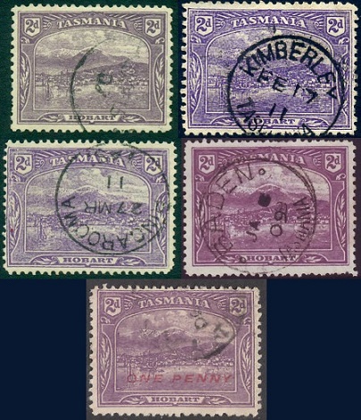 Tasmania 2d pictorial in various shades, and one overprinted ONE PENNY.